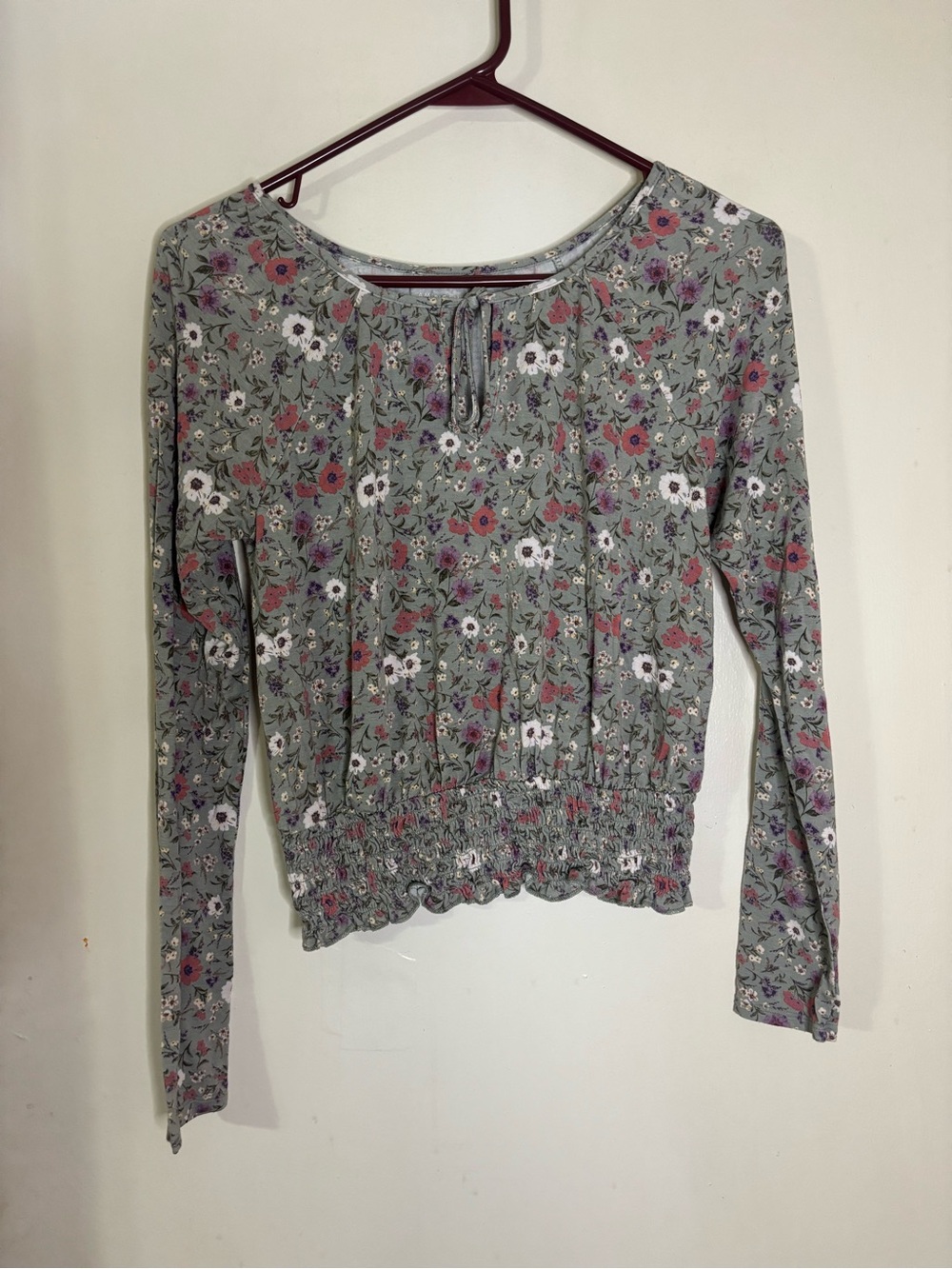 aerie Floral Smocked-Hem Long Sleeve Top - Gray Green with Pink & White Flowers